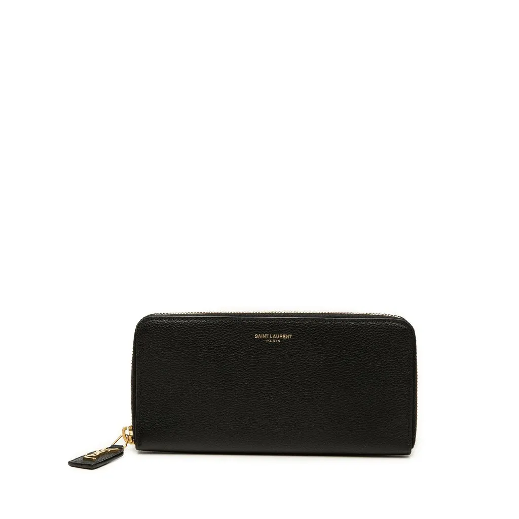 Saint Laurent Leather Zip Around Long Wallet Black Leather Very good - Front View