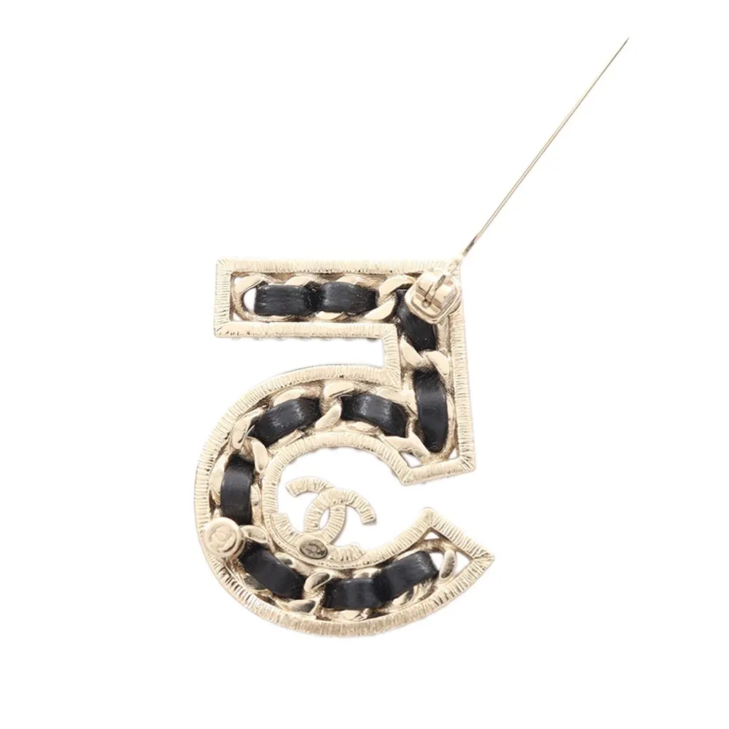 Chanel CC Gold Plated Lambskin Woven Chain Number 5 Brooch Gold Metal Very good - Back View