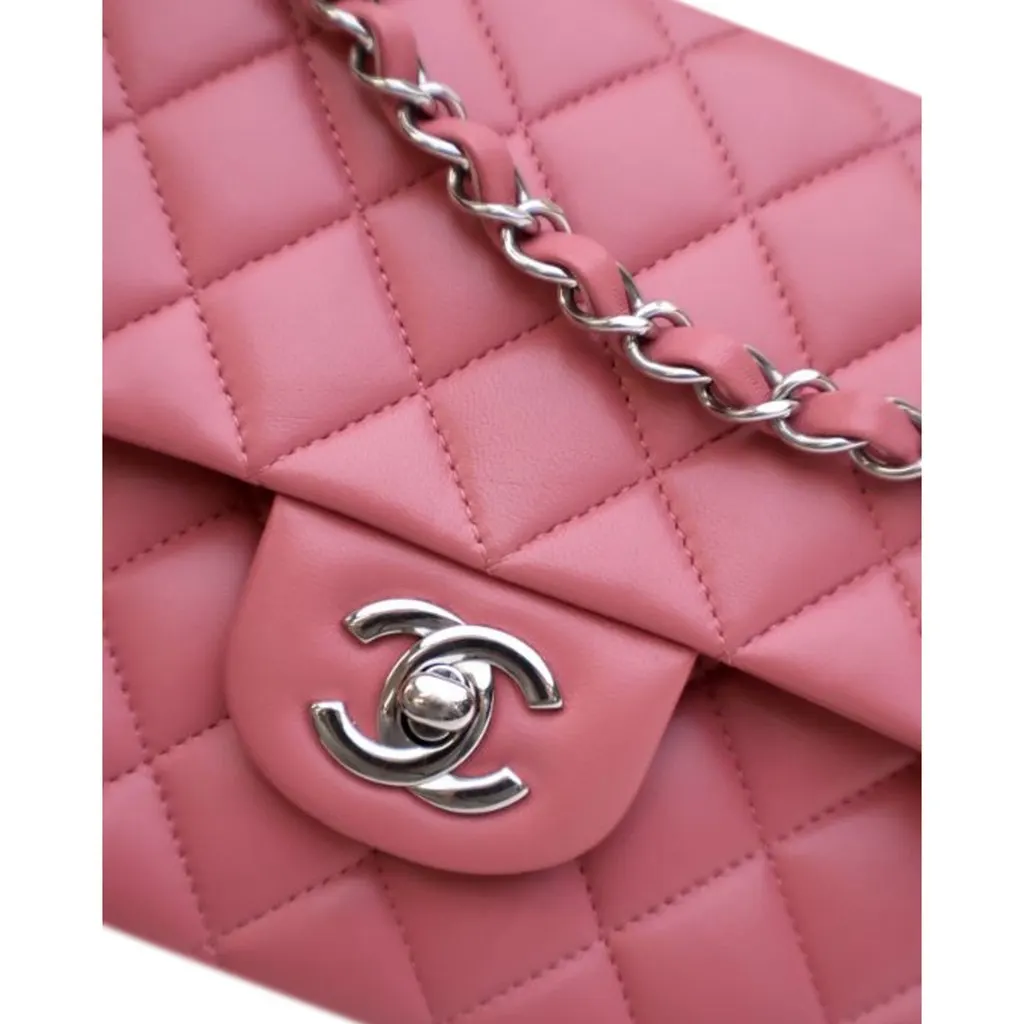 Chanel Medium Classic Lambskin Double Flap Pink Leather Very good - Model View