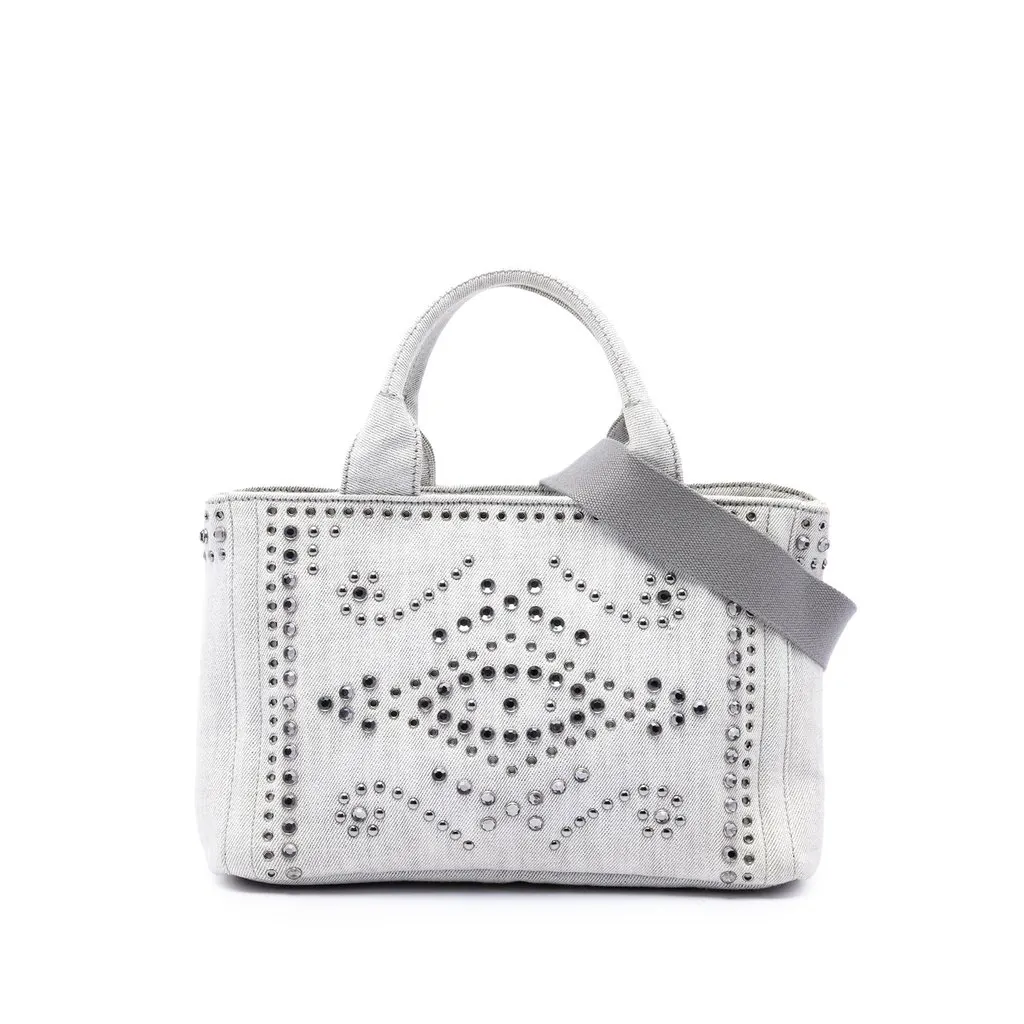 Prada Small Denim Canapa Bijoux and Grommet Satchel Grey Denim Very good - Front View
