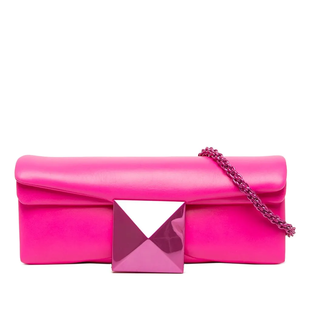 Valentino Nappa One Stud Clutch with Chain Pink Leather Good - Front View