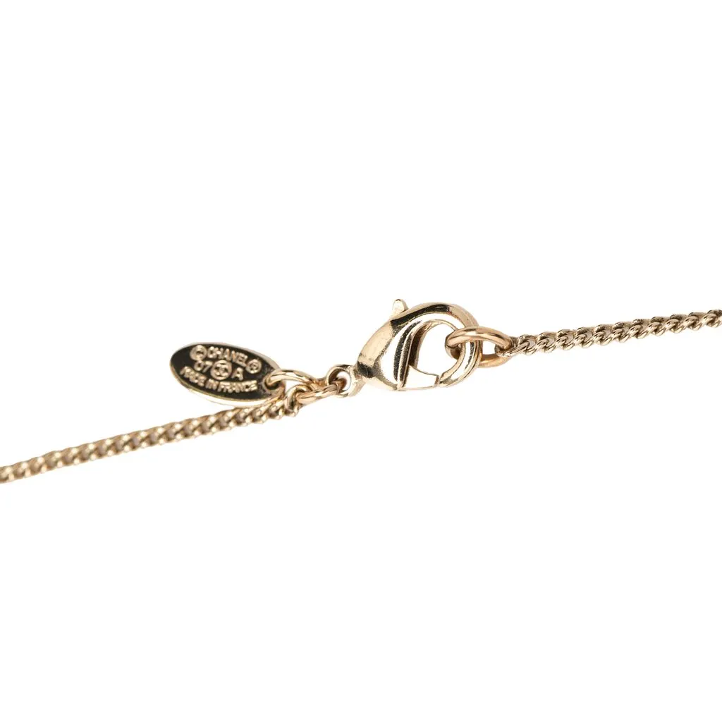 Chanel CC Gold Plated and Enamel Strass Faux Pearl Clover Pendant Necklace Gold Metal Very good - Box View