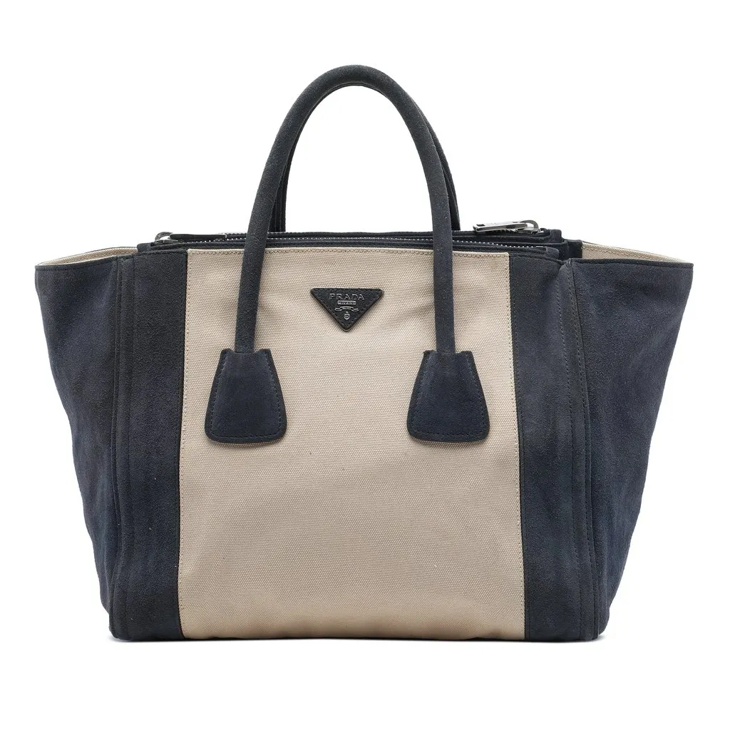 Prada Canvas and Suede Twin Pocket Double Handle Satchel Beige Very good - Front View