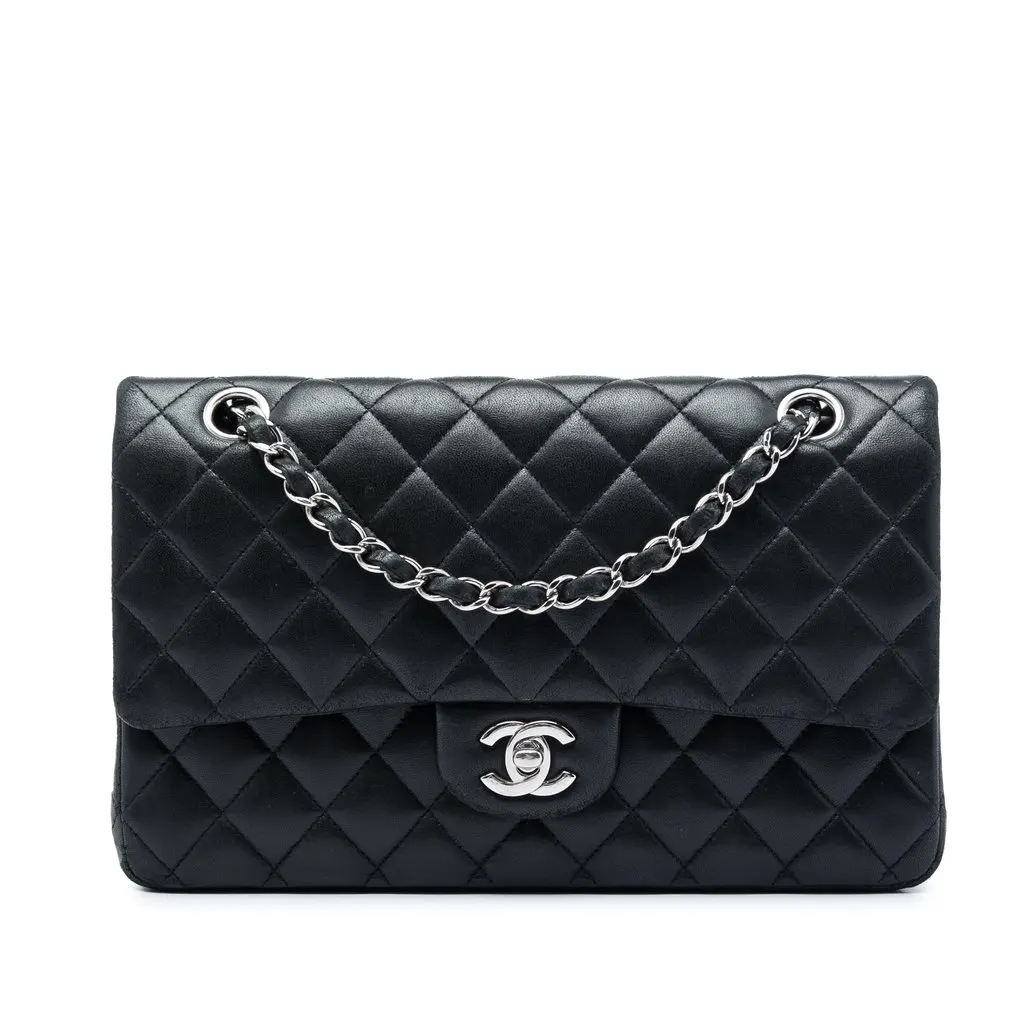 Chanel Medium Classic Lambskin Double Flap Black Leather Good - Front View