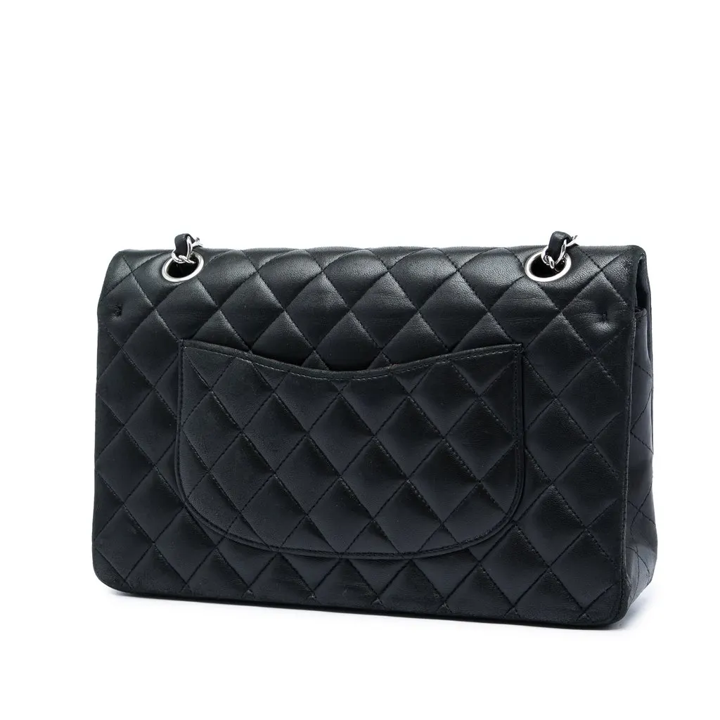 Chanel Medium Classic Lambskin Double Flap Black Leather Good - Back View