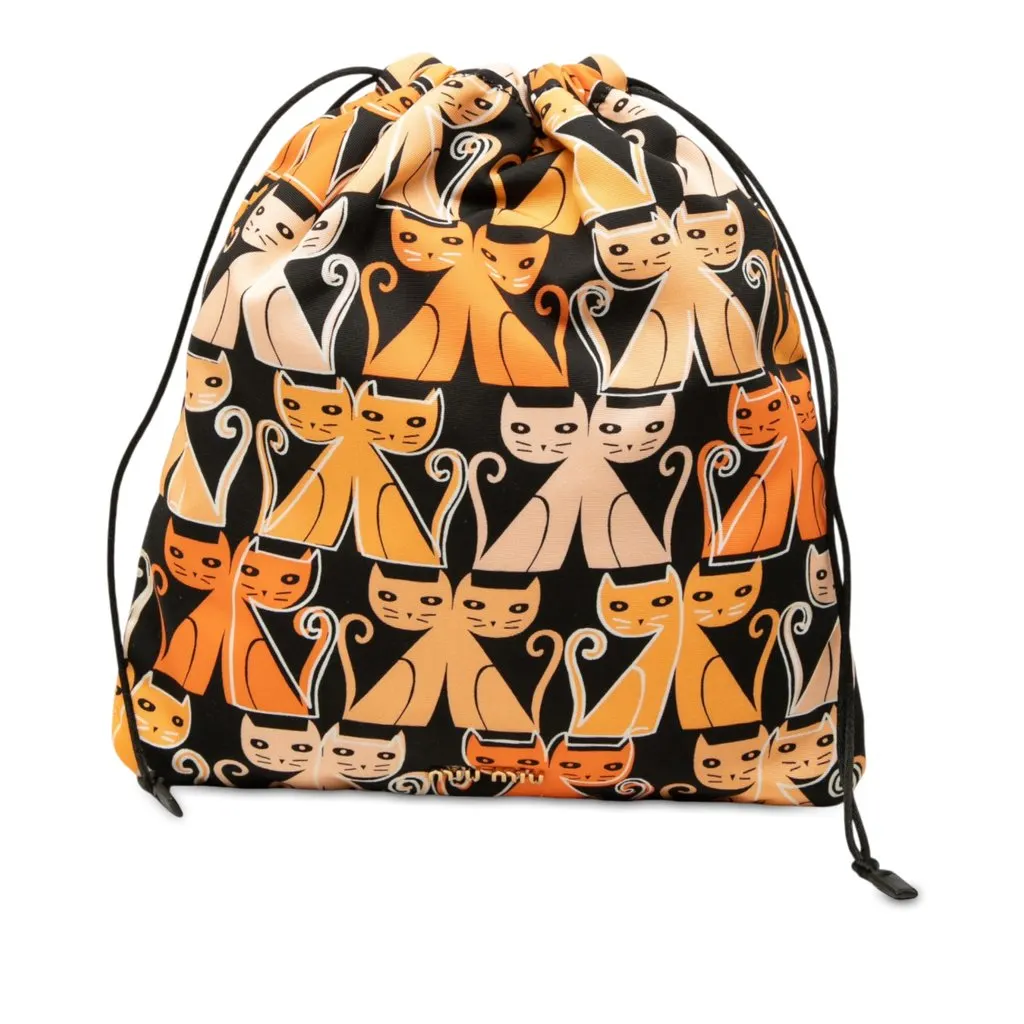 Miu Miu Nylon Cat Print Drawstring Pouch Black Polyamide Very good - Front View