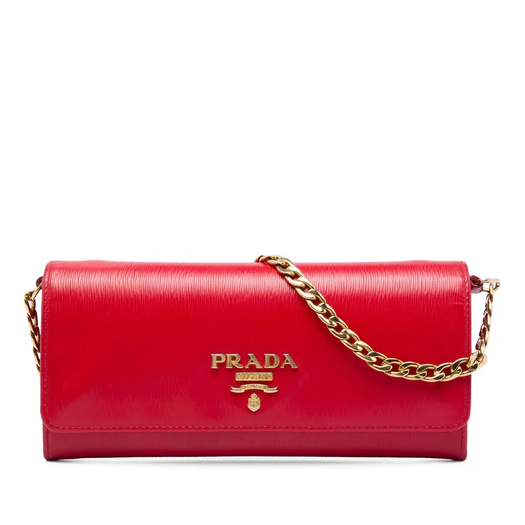 Prada Vitello Move Wallet on Chain Red Leather Very good - Front View