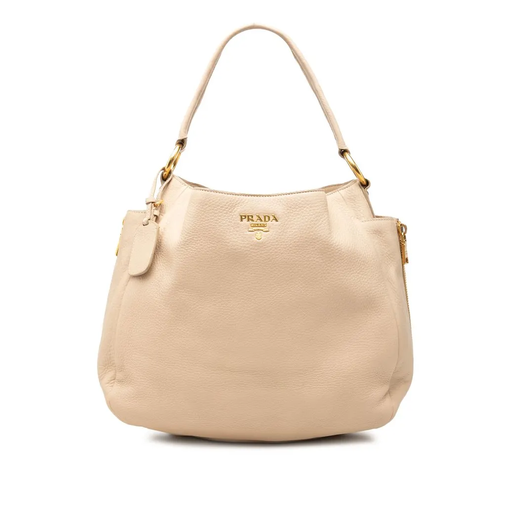 Prada Vitello Daino Side Zip Pocket Hobo Brown Leather Very good - Front View