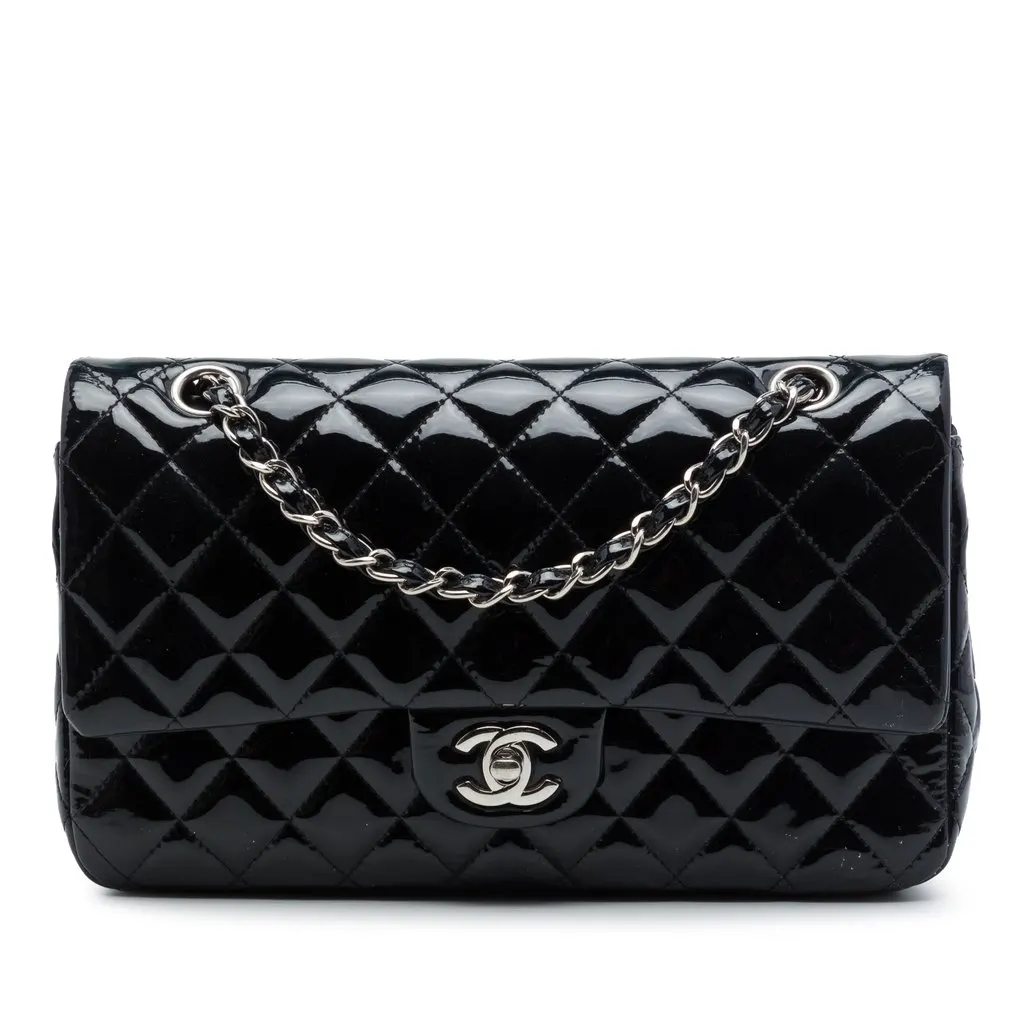 Chanel Medium Classic Patent Double Flap Black Leather Very good - Front View