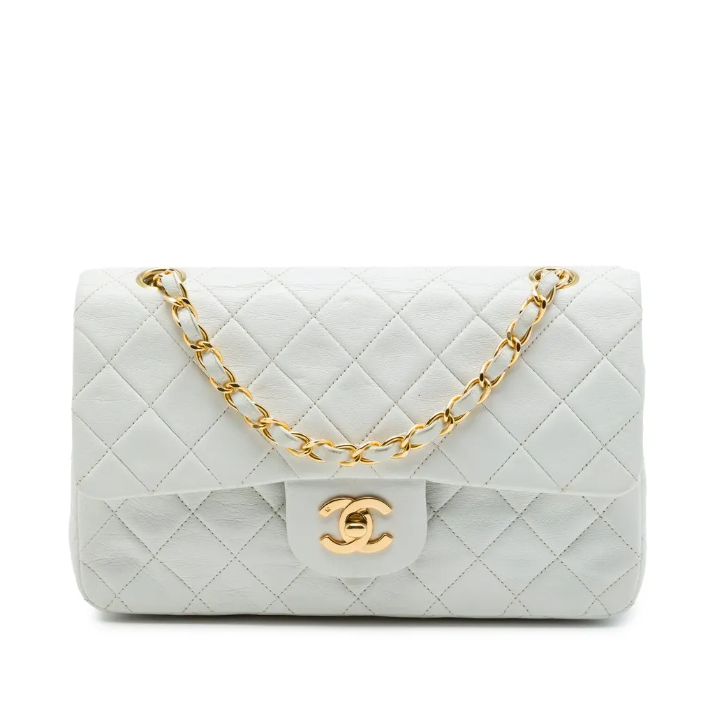Chanel Small Classic Lambskin Double Flap White Leather Very good - Front View