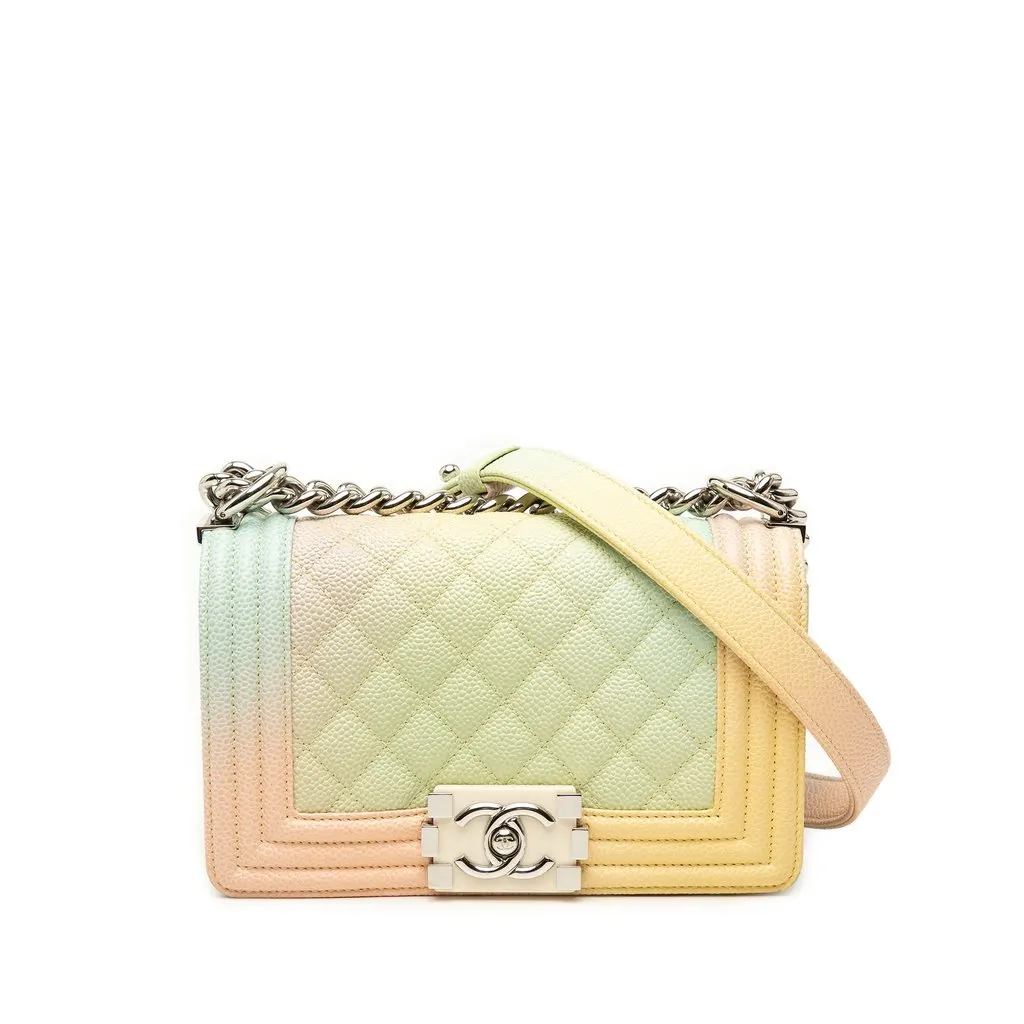 Chanel Small Quilted Caviar Rainbow Boy Flap Green Leather Very good - Front View