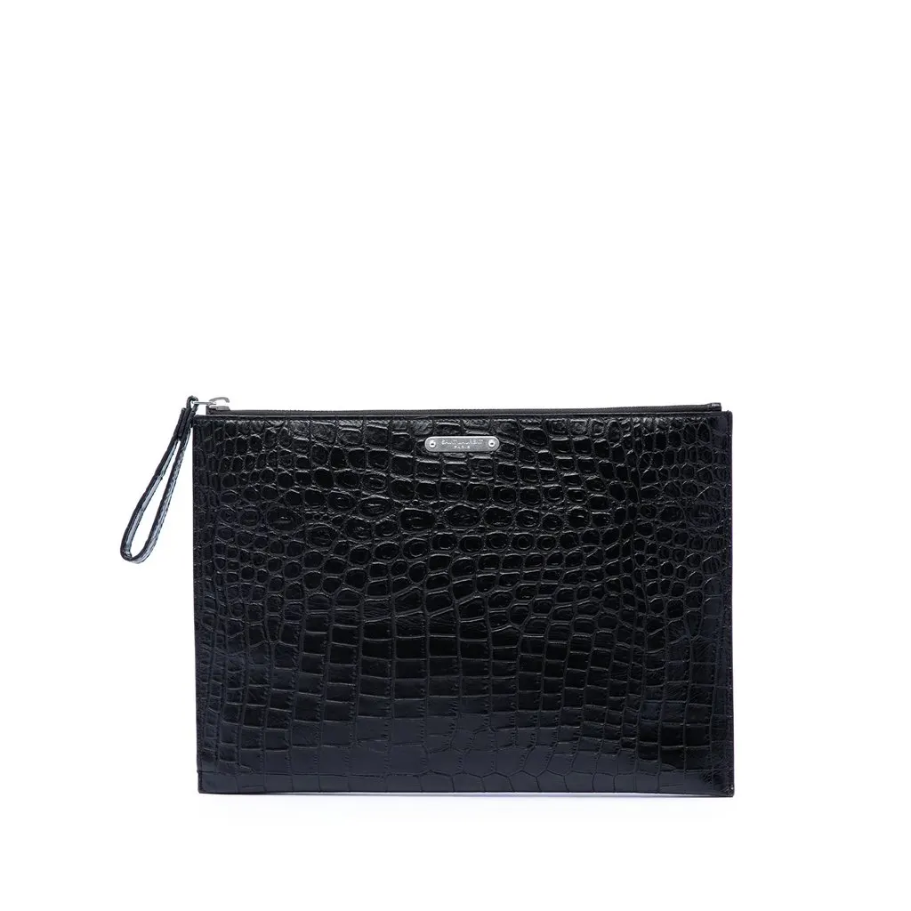 Saint Laurent Croc Embossed Leather Clutch Black Leather Very good - Front View