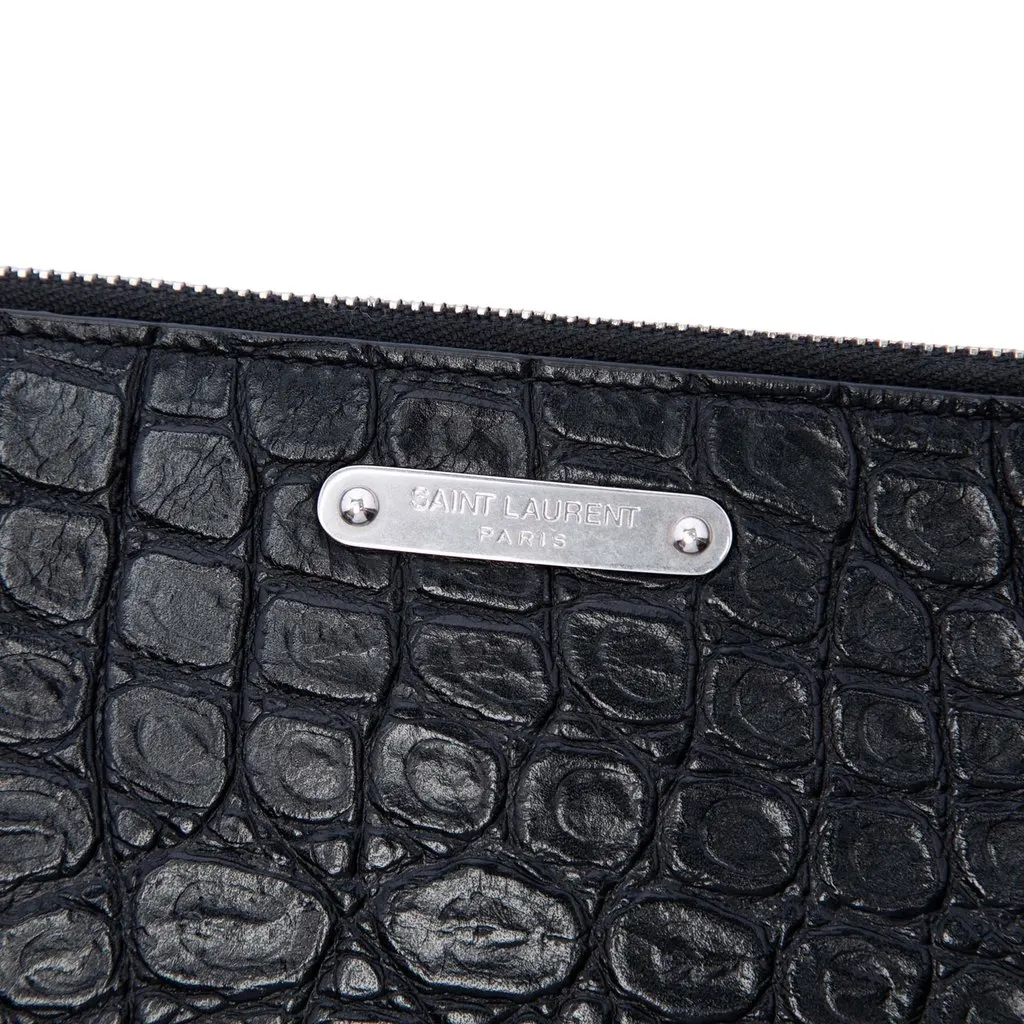Saint Laurent Croc Embossed Leather Clutch Black Leather Very good - Box View