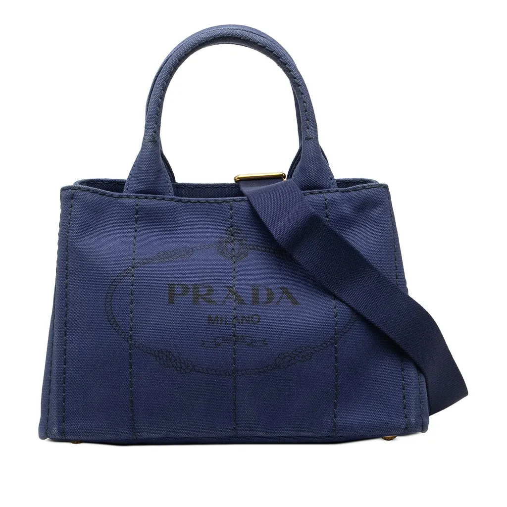 Prada Small Canvas Canapa Logo Tote Blue Canvas Good - Front View