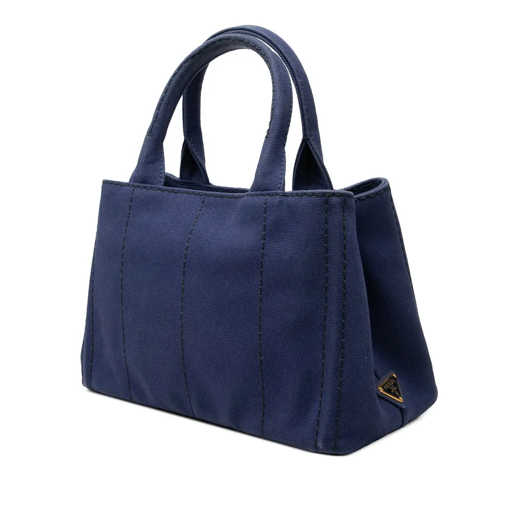 Prada Small Canvas Canapa Logo Tote Blue Canvas Good - Back View