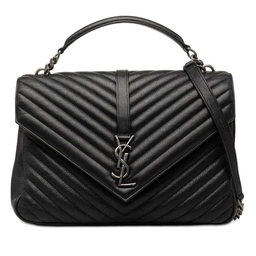 Saint Laurent Large Chevron Sheepskin Monogram College Bag Black Leather Very good - Front View