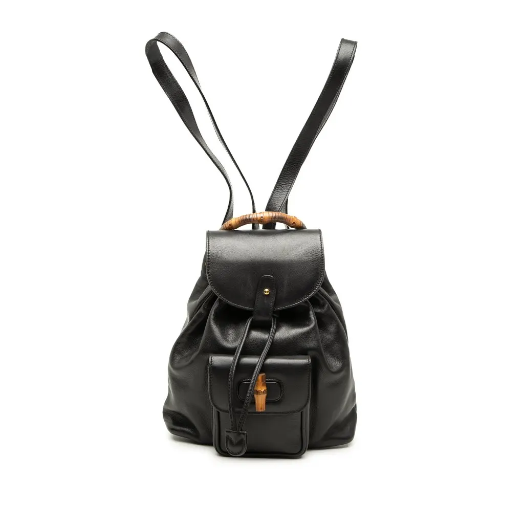 Gucci Calfskin Bamboo Drawstring Backpack Black Leather Very good - Front View