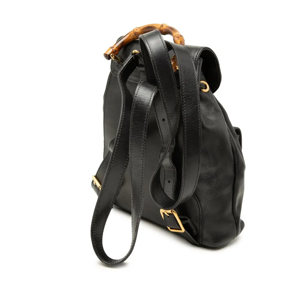 Gucci Calfskin Bamboo Drawstring Backpack Black Leather Very good - Back View