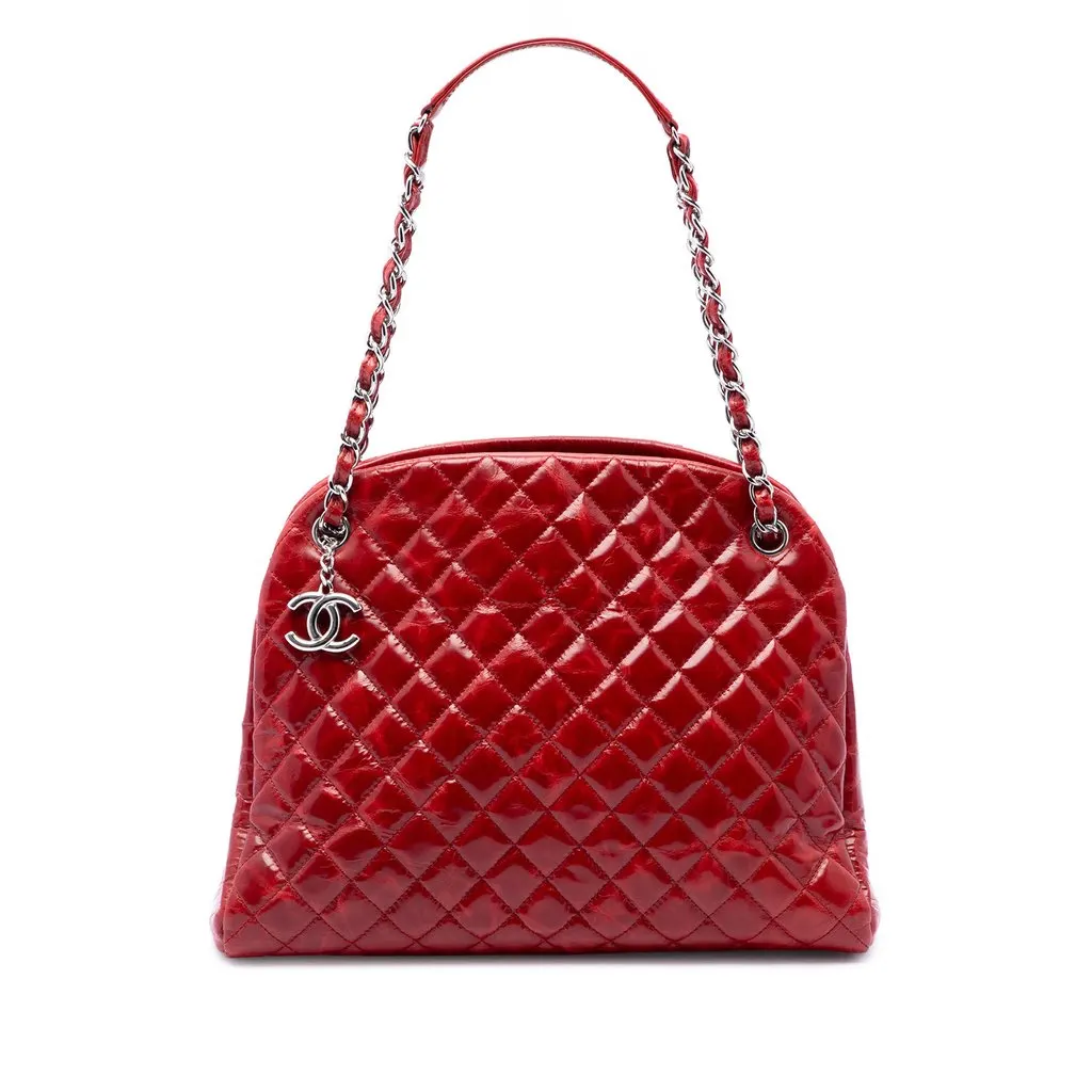 Chanel Large Quilted Crinkled Patent Just Mademoiselle Bowling Bag Red Leather Very good - Front View