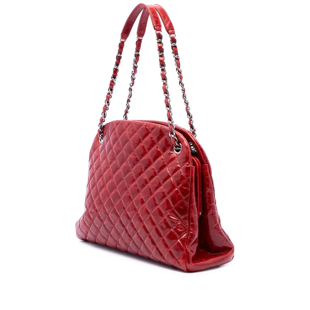 Chanel Large Quilted Crinkled Patent Just Mademoiselle Bowling Bag Red Leather Very good - Back View