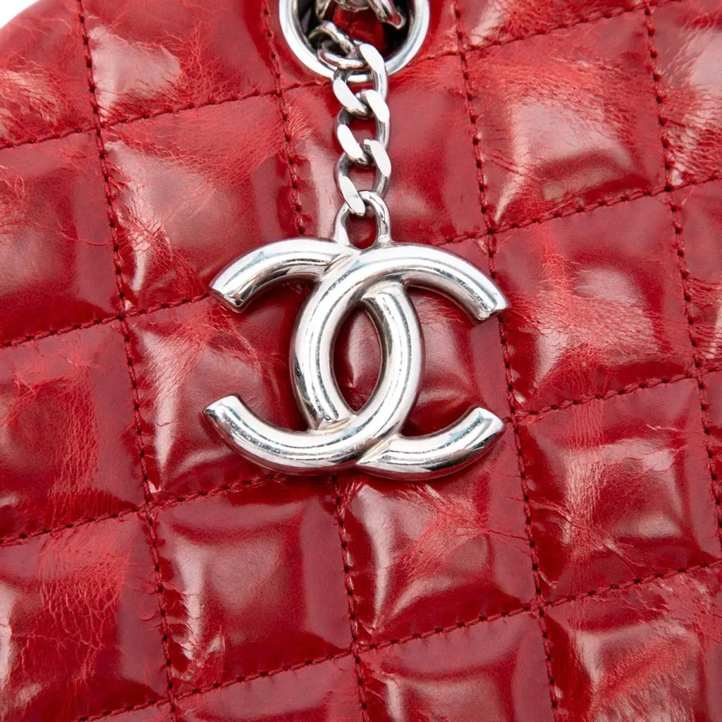 Chanel Large Quilted Crinkled Patent Just Mademoiselle Bowling Bag Red Leather Very good - Box View