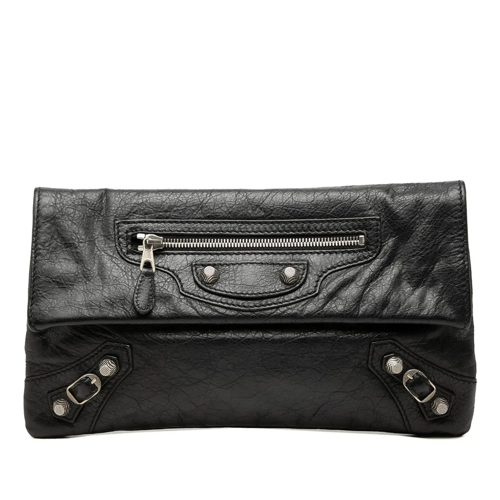 Balenciaga Lambskin Motocross Giant 12 Envelope Clutch Black Leather Good - Front View