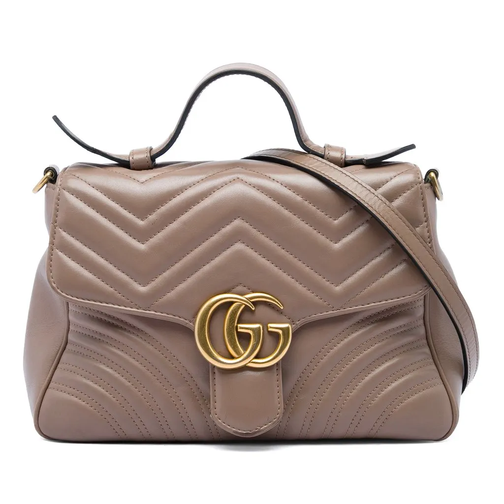 Gucci Small GG Marmont Matelasse Calfskin Top Handle Bag Brown Leather Good - Front View