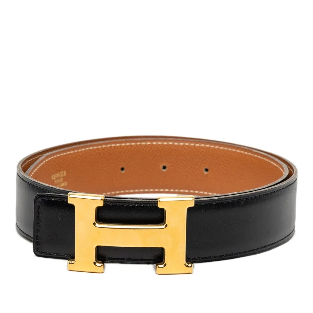 Hermès Box Calf and Courchevel Constance H Reversible Belt Black Leather Very good - Front View