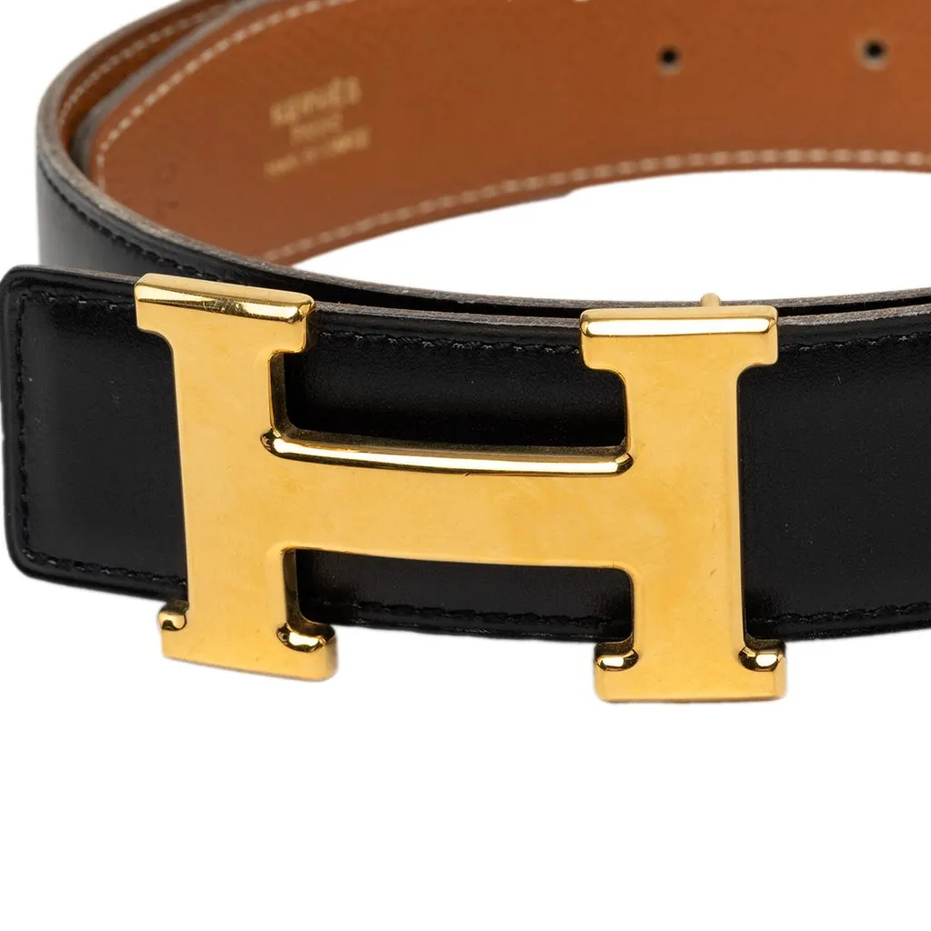 Hermès Box Calf and Courchevel Constance H Reversible Belt Black Leather Very good - Model View
