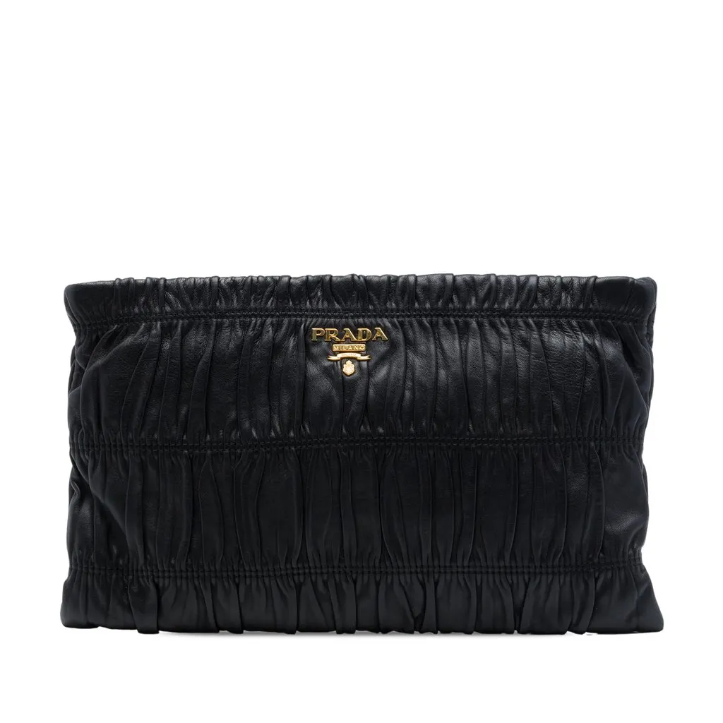 Prada Nappa Gaufre Clutch Black Leather Very good - Front View
