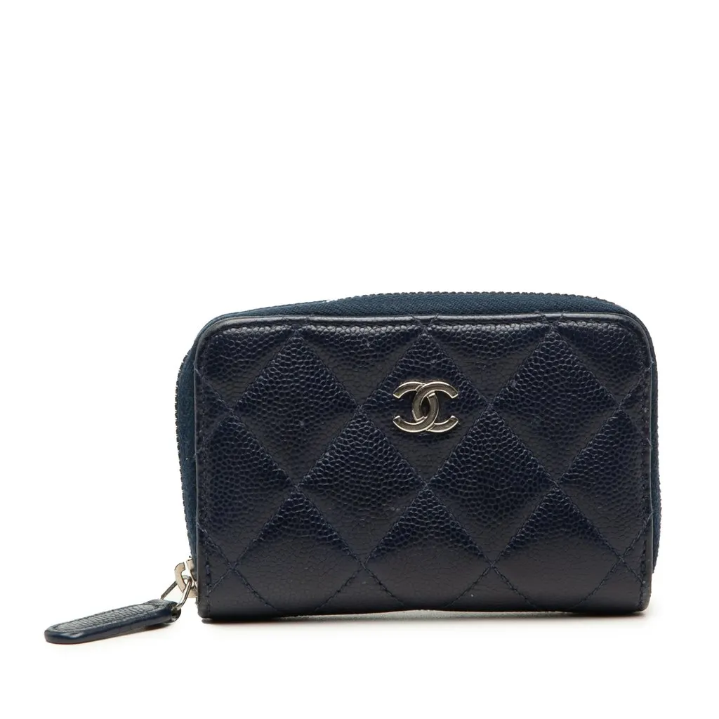 Chanel CC Quilted Caviar Zip Coin Purse Blue Leather Very good - Front View