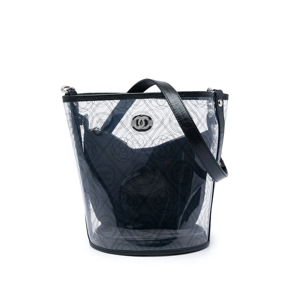 Chanel Medium PVC and Crumpled Calfskin Camellia Coco Bucket Bag Black Plastic Good - Front View