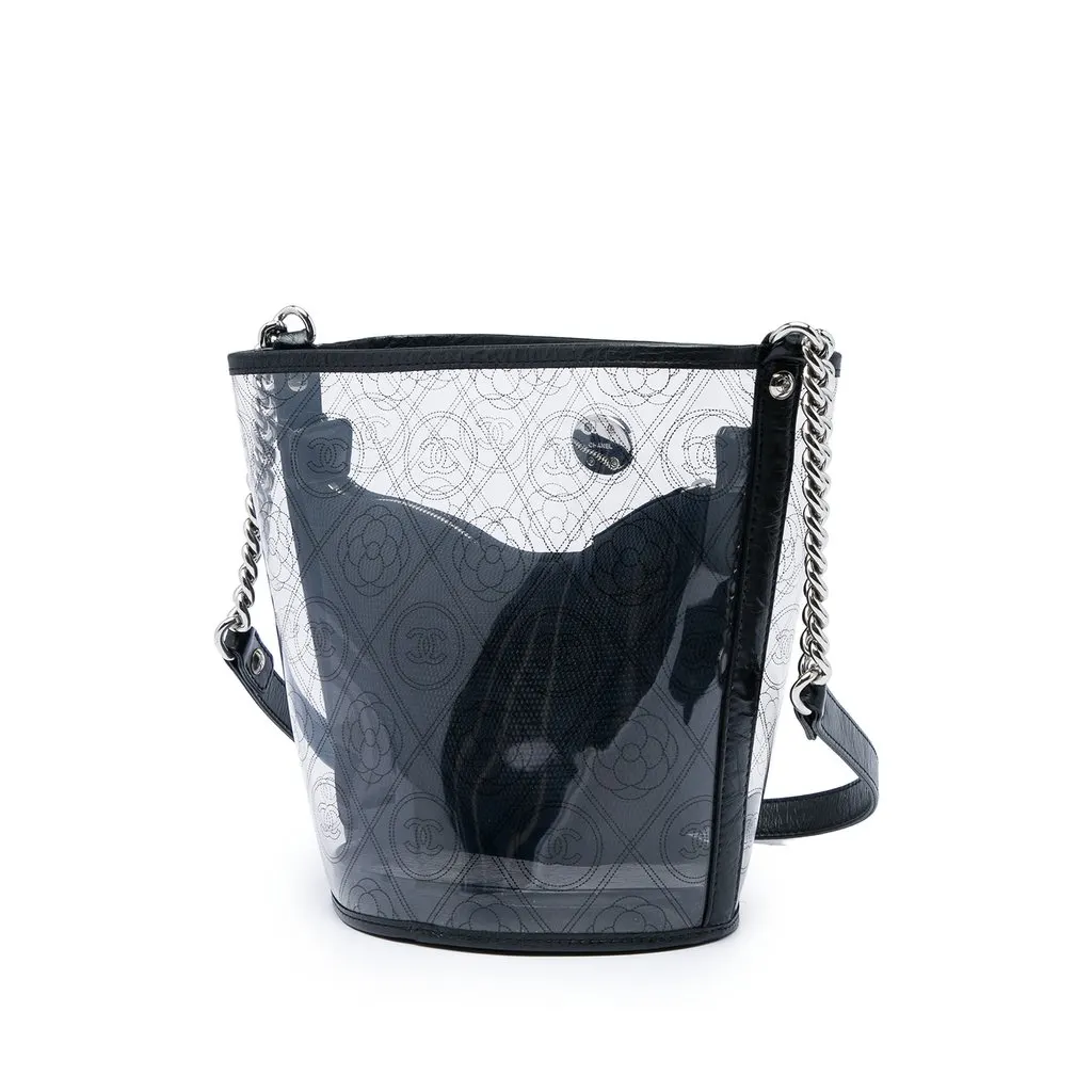Chanel Medium PVC and Crumpled Calfskin Camellia Coco Bucket Bag Black Plastic Good - Back View