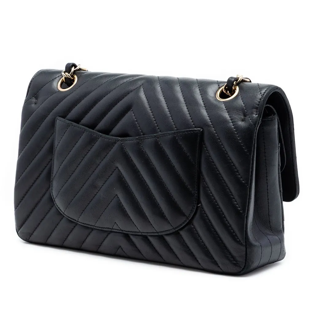 Chanel Medium Classic Chevron Lambskin Double Flap Black Leather Very good - Back View