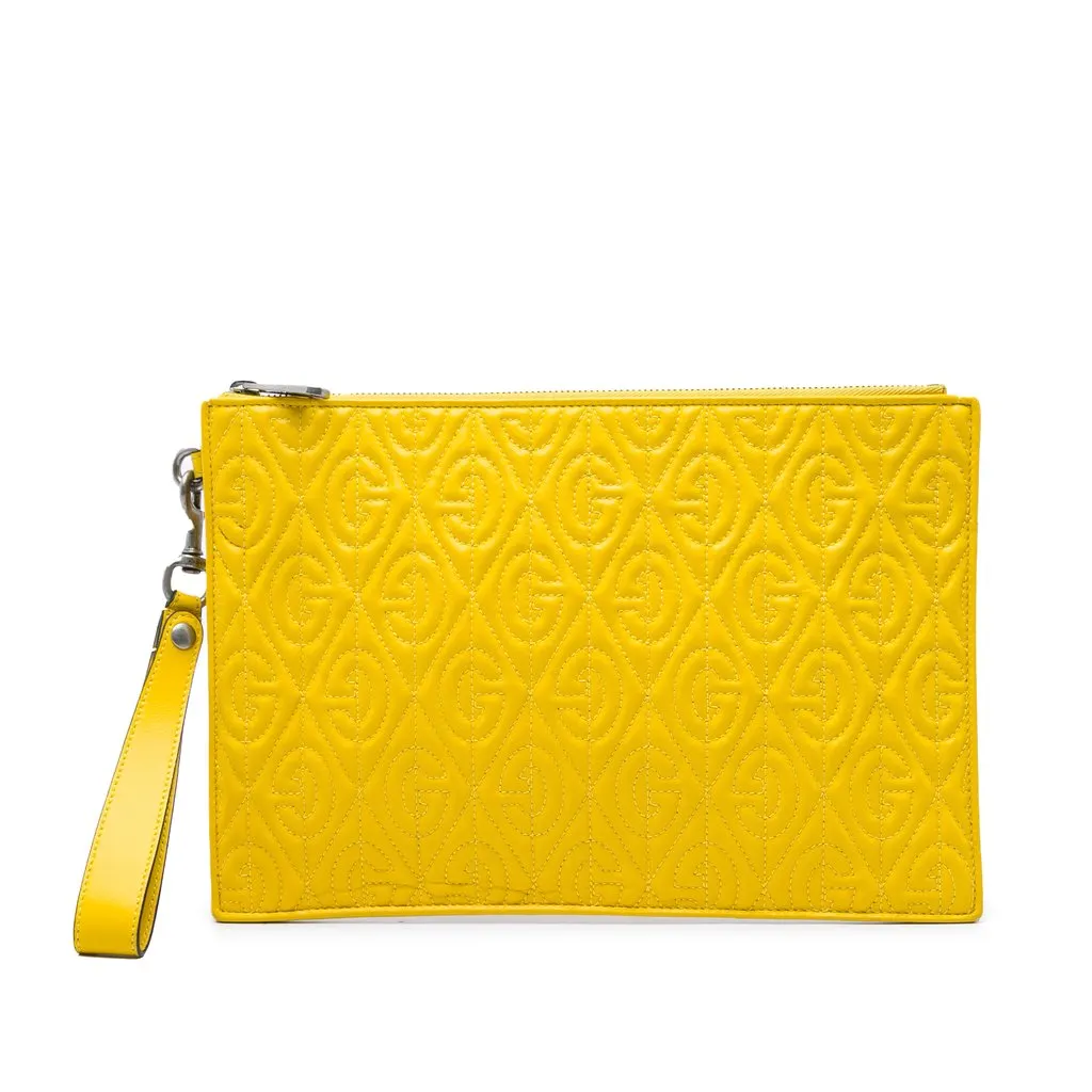 Gucci Quilted Calfskin G Rhombus Zip Clutch Yellow Leather Very good - Front View