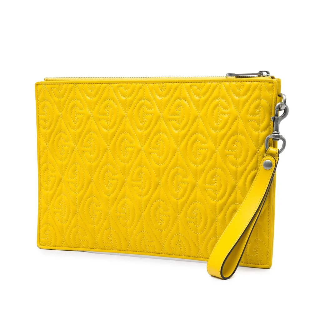 Gucci Quilted Calfskin G Rhombus Zip Clutch Yellow Leather Very good - Back View