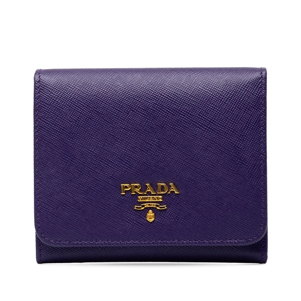 Prada Saffiano Trifold Wallet Purple Leather Very good - Front View