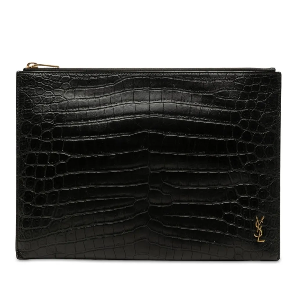 Saint Laurent Croc Embossed Leather Tiny Monogram Zipped Tablet Holder Black Leather Very good - Front View