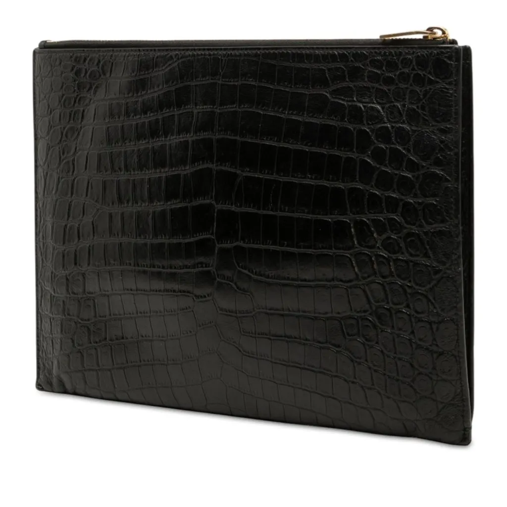 Saint Laurent Croc Embossed Leather Tiny Monogram Zipped Tablet Holder Black Leather Very good - Back View
