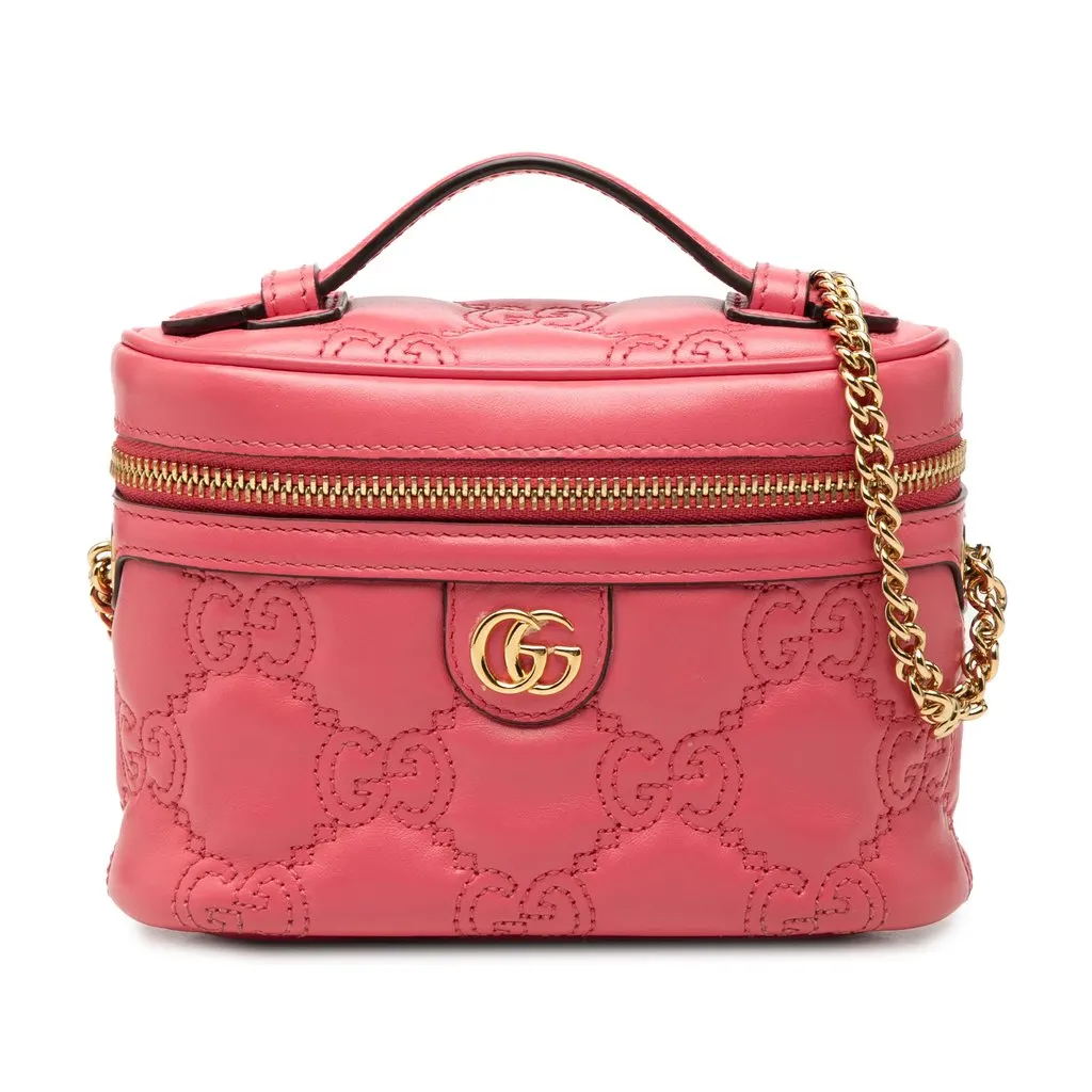 Gucci Mini GG Marmont Matelasse Calfskin Top Handle Vanity Chain Bag Pink Leather Very good - Front View