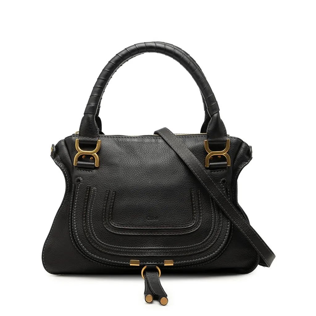 Chloé Medium Grained Leather Marcie Satchel Black Leather Good - Front View