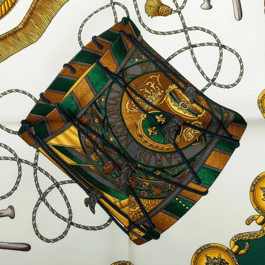 Hermès Les Tambours Silk Scarf 90 White Silk Very good - Model View