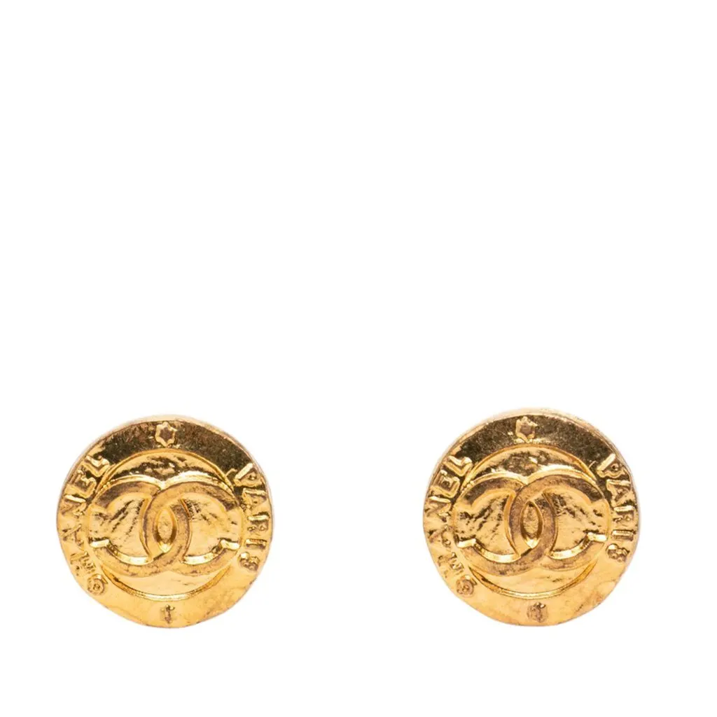 Chanel CC Gold Plated Round Clip On Earrings Gold Brass Very good - Front View