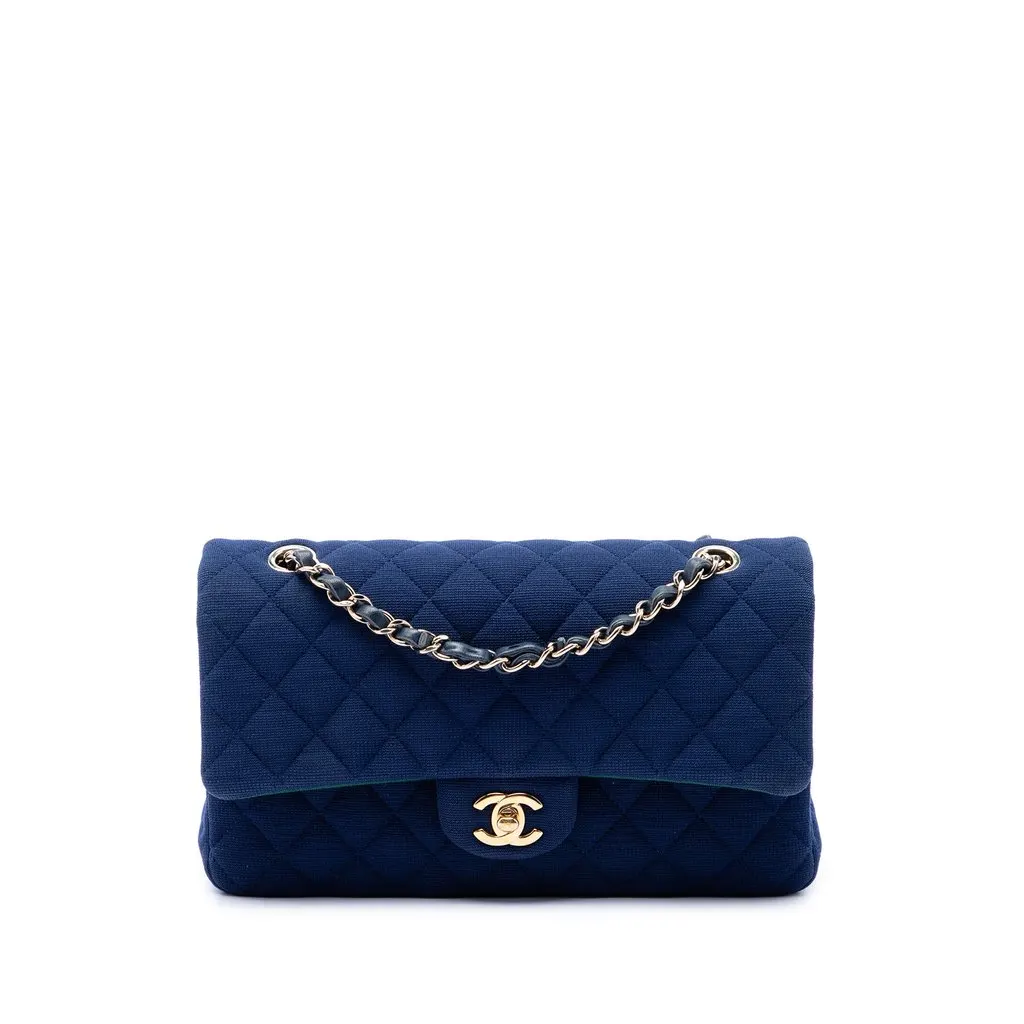 Chanel Medium Classic Jersey Double Flap Blue Cotton Very good - Front View