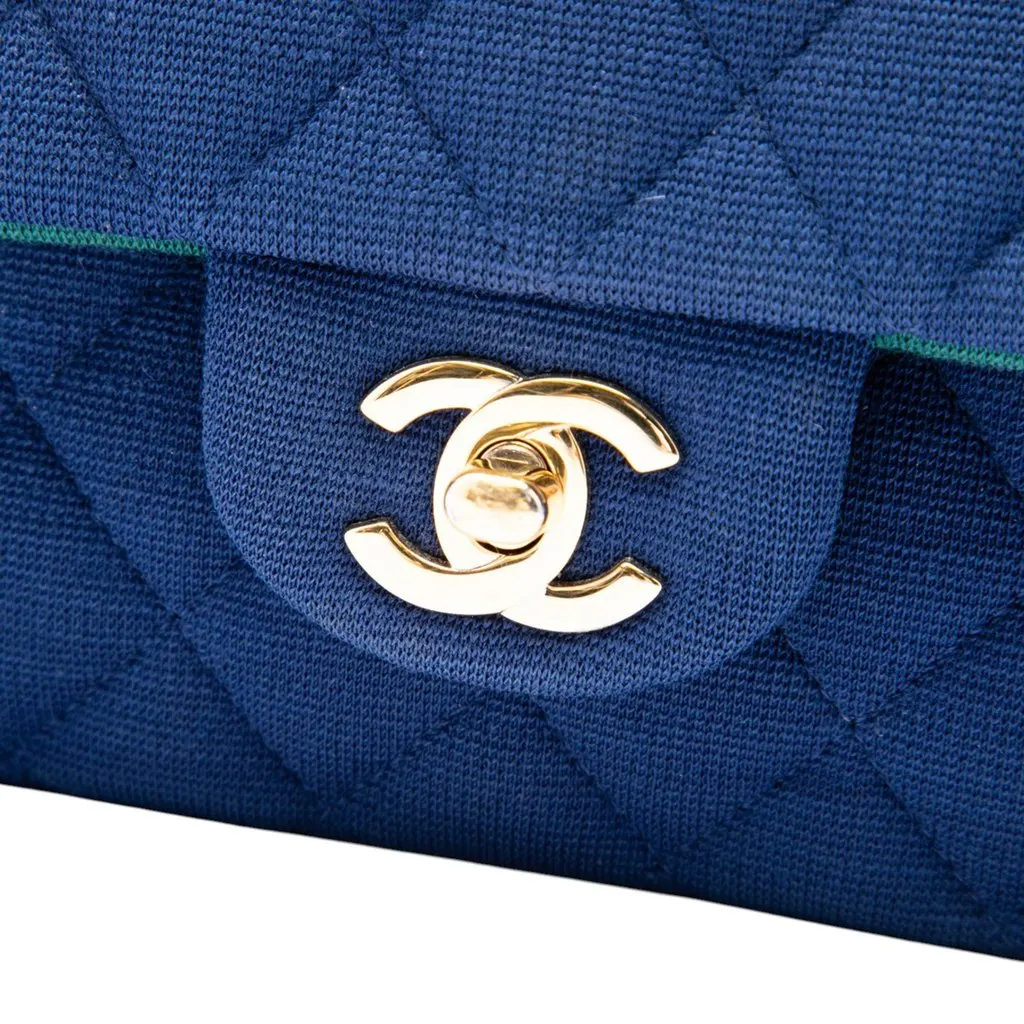 Chanel Medium Classic Jersey Double Flap Blue Cotton Very good - Box View