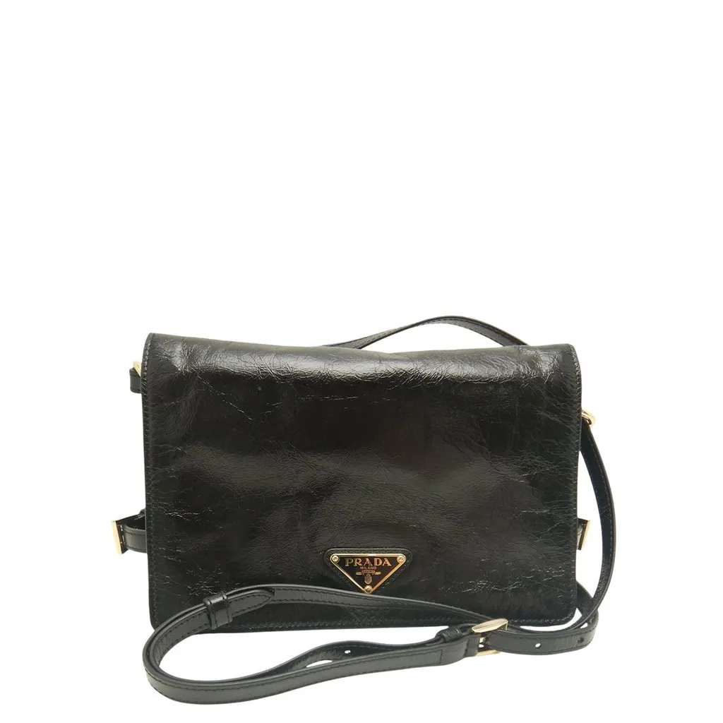 Prada Crinkled Calfskin Crossbody Black Leather Very good - Front View