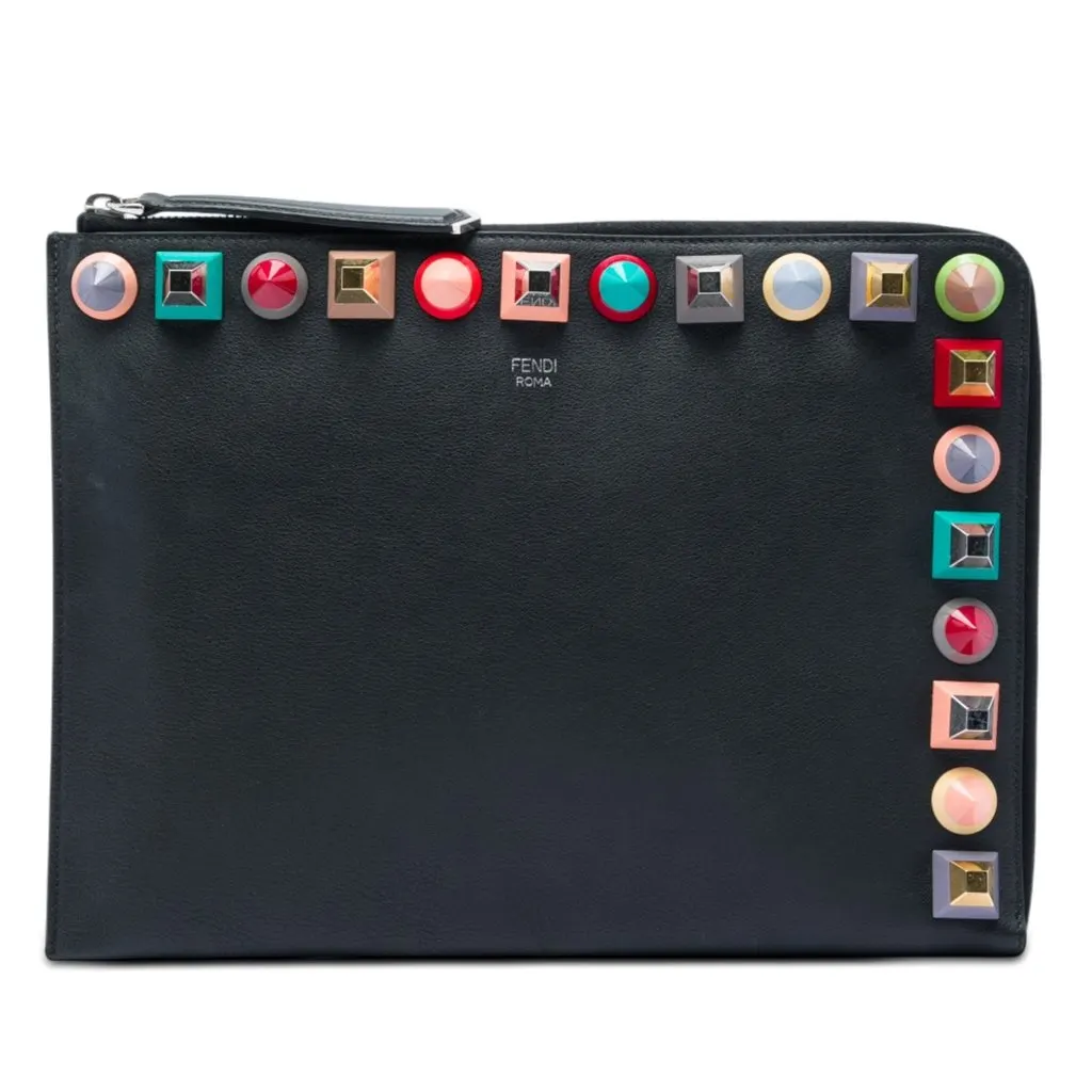 Fendi Studded Leather Clutch Black Leather Very good - Front View