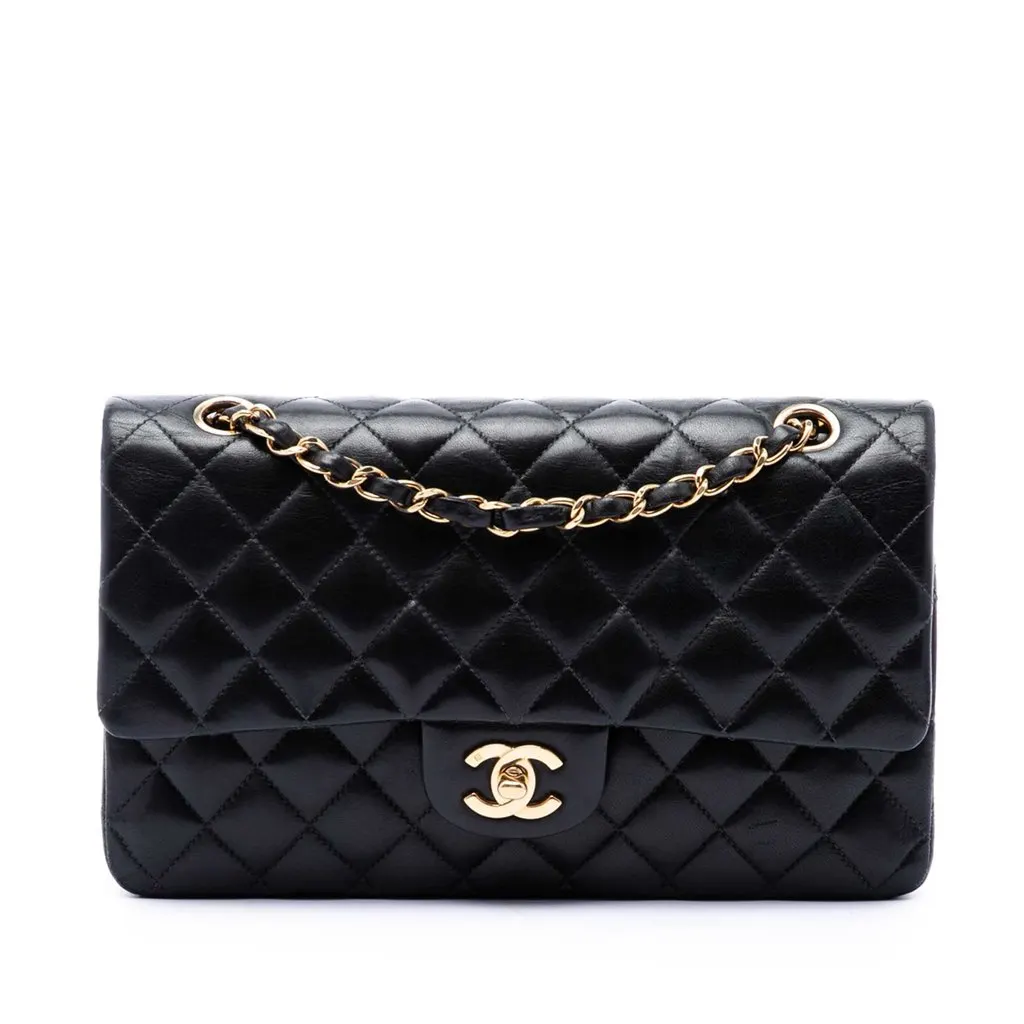 Chanel Medium Classic Lambskin Double Flap Black Leather Very good - Front View