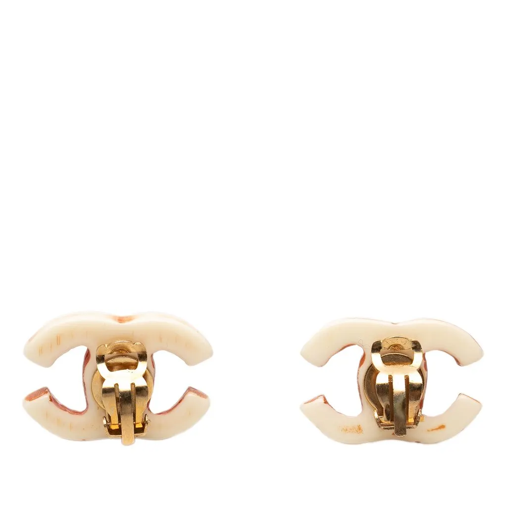 Chanel CC Resin Gold Plated Clip On Earrings White Plastic Very good - Back View