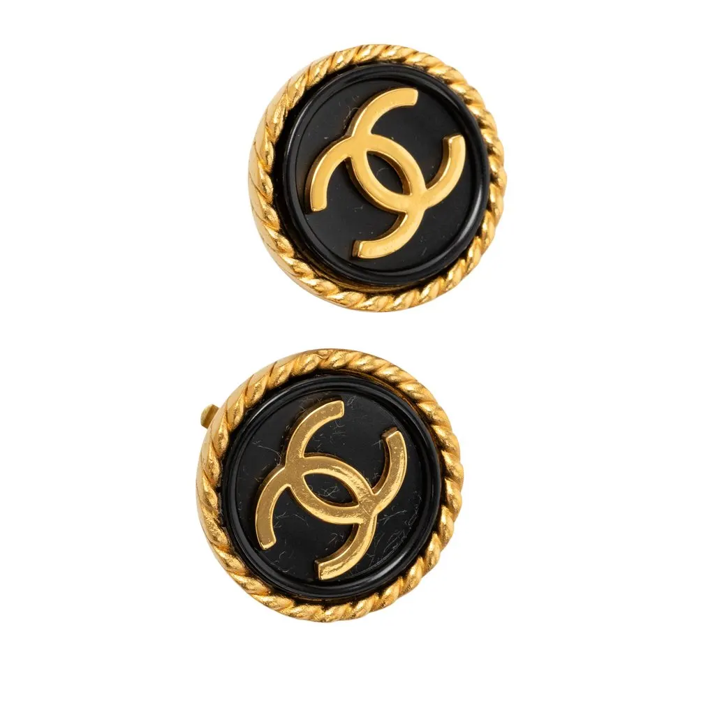 Chanel CC Gold Plated Enamel Round Clip On Earrings Gold Metal Very good - Front View